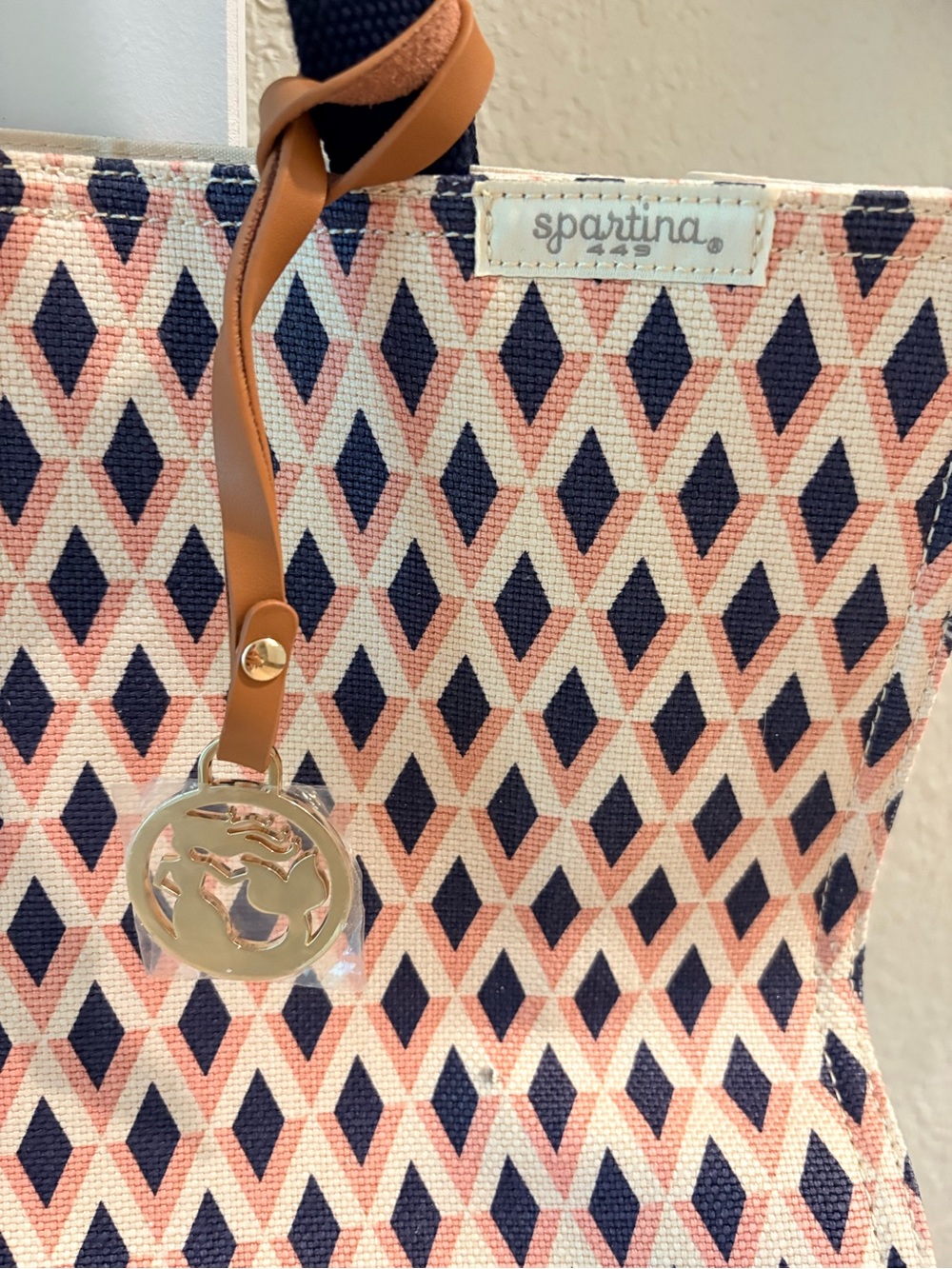 Spartina 449 Pink and Navy Diamond Canvas Tote.